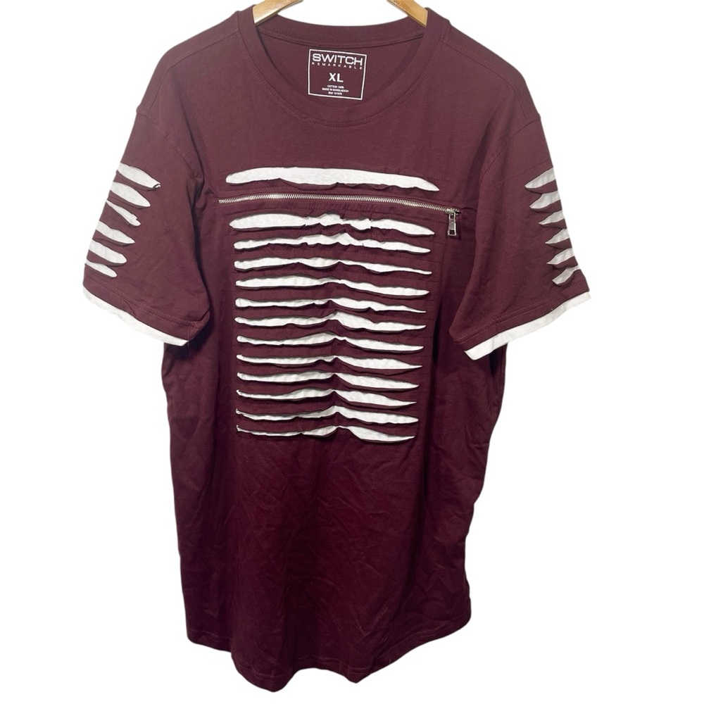 Switch Remarkable Men’s Maroon/Gray Zip Razor Slash Ripped Design T-Shirt XL